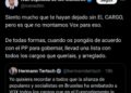 Captura del mensaje en redes sociales de Iván Espinosa de los Monteros respondiendo a Hermann Tertsch, en el que critica la gestión de cargos de VOX y menciona una posible lista conjunta con el PP.