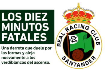 Escudo del Real Racing Club de Santander junto al titular "Los diez minutos fatales" en letras blancas sobre fondo verde oscuro, acompañado del texto "Una derrota que duele por las formas y aleja nuevamente a los verdiblancos del ascenso", todo sobre fondo blanco.